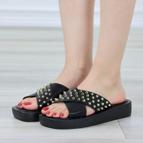 Black Sliders Slip On Sandals Faux Leather Gold Metal Stud Criss Cross - Picture 11 of 12